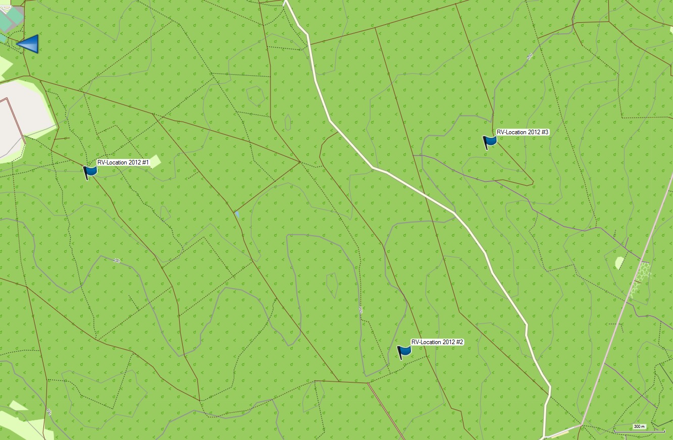 Die drei markierten RV-Punkte, hier im Programm Garmin Basecamp (welches ich erst neuerdings mt meinem GPS benutze), auf einer OpenStreetMap-Freizeitkarte.